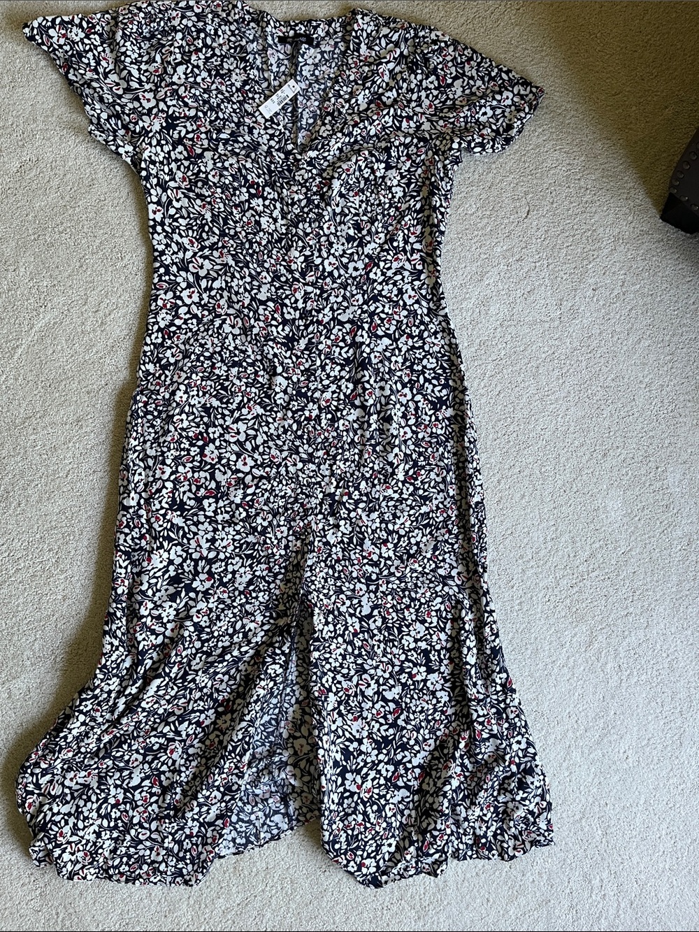 Madewell Black Floral V-Neck Midi Dress with White and Red Print